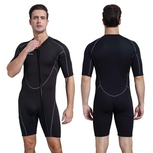 Mens 3mm Shorty Wetsuit, Premium Neoprene Front Zip Short Sleeve Diving Wetsuit Snorkeling Surfing (Shorty Wetsuit Black, L)