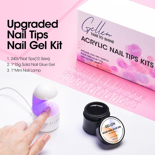 Gellen Gel Nail Kit Easy Nail Extension Set, 240Pcs Pre-Shaped Medium Almond Soft Gel Nail Tips 15g Solid Nail Glue Gel for Press On Nails Acrylic Nails Mini LED Nail Lamp Home DIY Manicure Gift