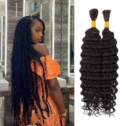 Deep Wave Bulk Human Hair for Braiding 100% Unprocessed Brazilian Virgin Human Hair Micro Braiding Hair No Weft Human Hair Extensions 2Bundles(22inch, Natural Black#)