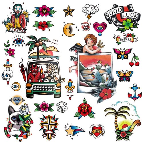 CARGEN Vintage Temporary Tattoos - Traditional Old School Classic Cool Stickers Sailor Jerry Style Joker Flower Beach Coconut Tree Skull Buttery Anchor Temporary Tattoo Fake Tattoo Great for Arm