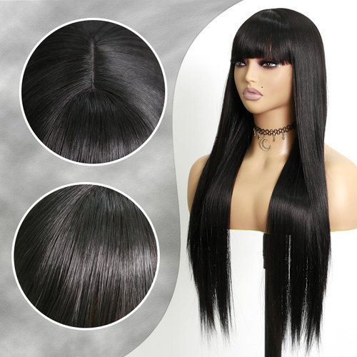 EVLYNN Black Wigs With Bangs Straight for Fashion Women 26 Inch Ombre Color Wig Heat Resistant Synthetic Fiber Hair Long Glueless Wig For Women