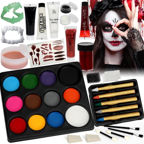 Halloween Makeup - Halloween Family Face Painting Kit Face Body Paint for Adult and Kids, All in 1 Halloween Makeup Set Face Paint with Fake Blood for Halloween Party Supplies