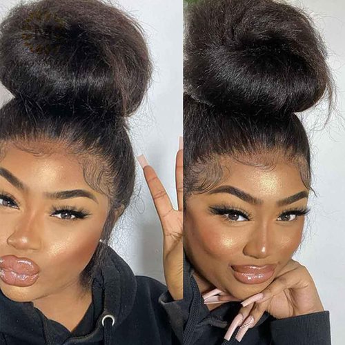 Alidiamond 360 Lace Front Wigs Human Hair Kinky Straight Wig 360 Frontal Wigs for Black Women 16 Inch 180% Density Yaki Straight 360 Full Lace Human Hair Wigs with Baby Hair Natural Color