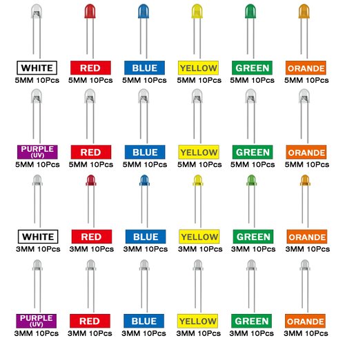 ALLECIN 24 Values Multicolor LED Light Emitting Diodes Kit 5MM 3MM White Red Blue Yellow Green Orange Purple Transparent Round LED Lamp Lighting Assorted for Arduino Electronics