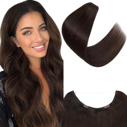 Halo Hair Extensions Human Hair, SEGO 100% Real Human Hair Extensions Halo, Wire Hair Extensions with Invisible Wire and Clips, Halo Hair Extension for Women, 22Inch Dark Brown, 75g