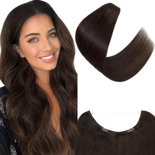 Halo Hair Extensions Human Hair, SEGO 100% Real Human Hair Extensions Halo, Wire Hair Extensions with Invisible Wire and Clips, Halo Hair Extension for Women, 22Inch Dark Brown, 75g
