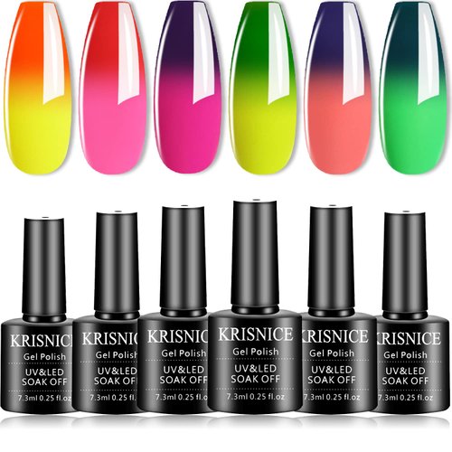 KRISNICE Color Changing Gel Nail Polish Kit - 6 Colors Yellow Red Purple Green Pink Spring Limited Edition Mood Temperature Change Gel Nail Polish Set Soak Off Gel Polish Nail Art Manicure (KWB6-006)