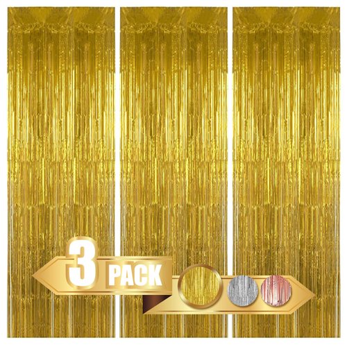 Gold Curtains for Party Decorations, 3 Pack 3.2ft x 8.2ft Gold Streamers, Birthday Decorations Bachelorette Party Decorations, Gold Backdrop for Disco Ball Decor Streamers Party Decorations