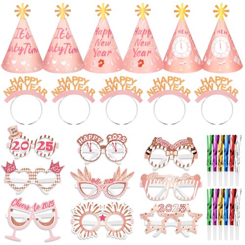 HOWAF 2025 Happy New Year Party Kits, 51 Pieces Rose Gold New Year eve party supplies Favors-New Year Glitter Headband Eyeglasses Top Hats and Fringed Noisemaker for New Year's Eve Party Supplies