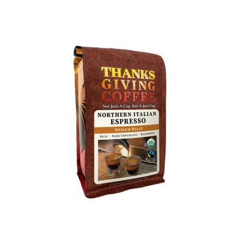 Thanksgiving Coffee "Northern Italian Style Espresso" Medium Roasted Fair Trade Organic Shade Grown Whole Bean Coffee - 12 Ounce Bag