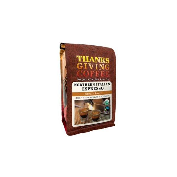 Thanksgiving Coffee "Northern Italian Style Espresso" Medium Roasted Fair Trade Organic Shade Grown Whole Bean Coffee - 12 Ounce Bag