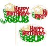 1Pcs Happy Birthday Jesus Cake Topper Glitter Jesus Birthday Cake Pick Merry Christmas Cake Decorations for Nativity Scene Christmas Birthday Party Supplies Red Green
