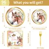 Horse Birthday Party Supplies Tableware - 96 Pcs Golden Horse Themed Plates and Napkins Sets with Forks, Cowgirl Birthday Party Decorations, Western Baby Shower Disposable Dinnerware, Serves 24