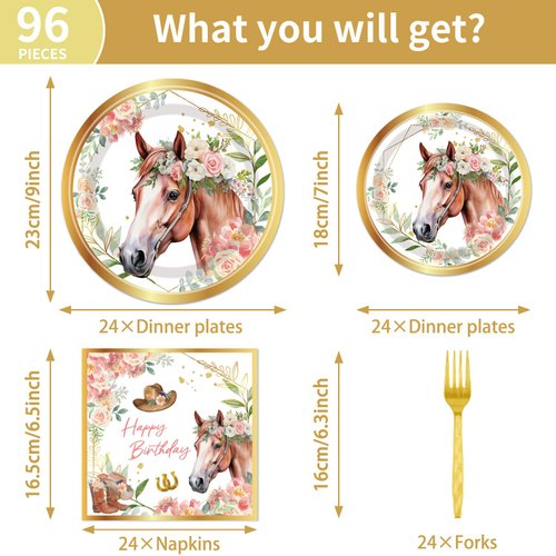 Horse Birthday Party Supplies Tableware - 96 Pcs Golden Horse Themed Plates and Napkins Sets with Forks, Cowgirl Birthday Party Decorations, Western Baby Shower Disposable Dinnerware, Serves 24