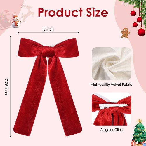 CEELGON 3 PCS Long Tail Velvet Hair Bows Hair Bow Set for Toddler Girls Long Ponytail Knot Bows Alligator Clip Hair Accessories for Girls and Women (Red, Green, Black)