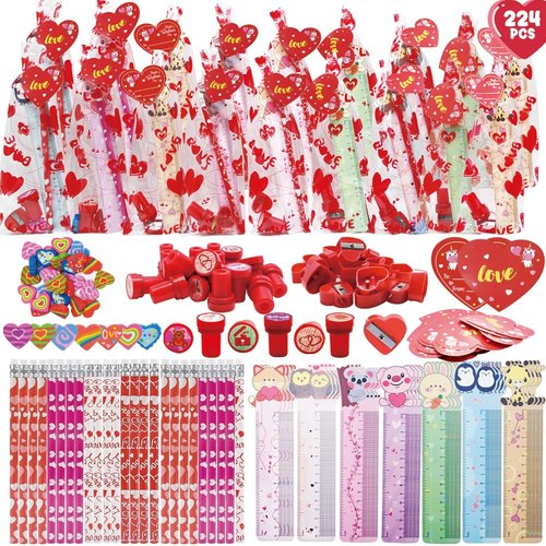 Valentines Day Gifts for Kids Classroom, 224 PCS Valentines Day Stationery Set with Pencils, Erasers, Rulers, Sharpeners, Cards for Kids Valentines Day Classroom Exchange, Valentine Party Favors