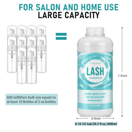 600ml Lash Shampoo Bulk, Eyelash Cleanser for Extensions, Safe Makeup Remover, Non-irritating or Burning Formula Eyelid Foaming Cleanser Best for Professional Salon and Home Use (Unscented)