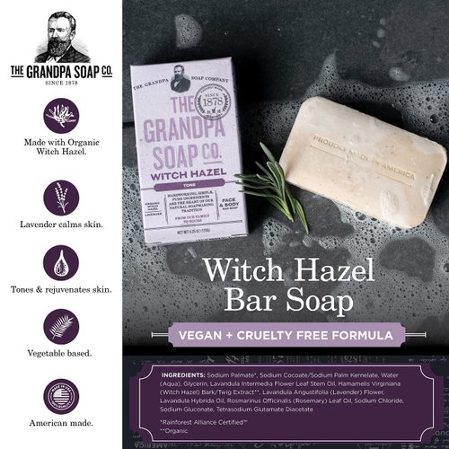 The Grandpa Soap Company Witch Hazel Bar Soap Vegan, Natural Face & Body Soap | Organic Witch Hazel + Lavender | Paraben Free Bar Soap | Unisex| 4.25 Oz.