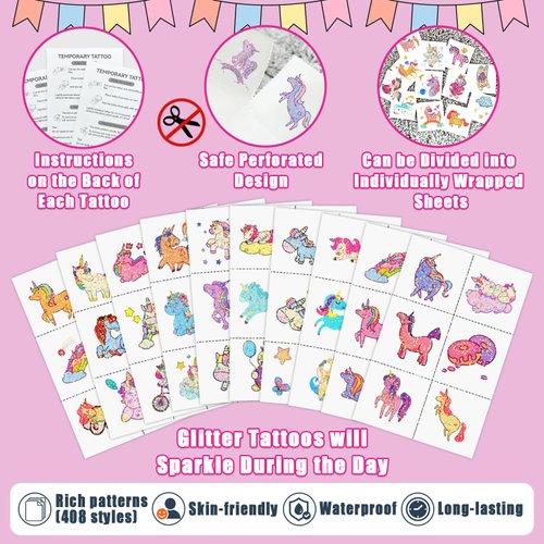 Partywind 68 Sheets Glitter Temporary Tattoos for Kids Girls, 408 Styles Perforated Fake Tattoo Stickers for Girls Birthday Party Supplies Favors, Children Goodie Bag Stuffers