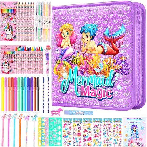 DANLCUPL Fruit Scented Markers Set 65 Pcs with Glitter Mermaid Pencil Case & Stationery, Art and Craft Coloring Supplies Birthday Gifts for Kids 4-12 Year Old (Mermaid Tail Purple)