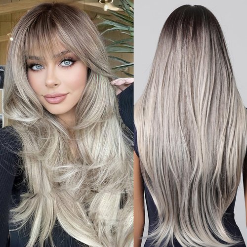 Long Straight Layered Wigs for Women Gray Blonde Wigs With Bangs Synthetic Heat Resistant Wigs for Daily Party Use 26 IN
