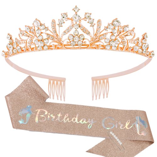 Vovii Birthday Sash and Tiara for Girls Birthday Girl Rose Gold Sash and Rhinestone Rose Gold Tiara Set Birthday Decoration Headband for Little Girl Hair Accessories for Birthday Party Rose Gold