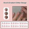 ANDGING Oval Press on Nails Short Ombre Silver Fake Nails with Gradient Glitter Design False Nails with Glue Acrylic Glue on Nails for Women Girls Gel Stick on Nails for Wedding Birthday 24Pcs DL1188