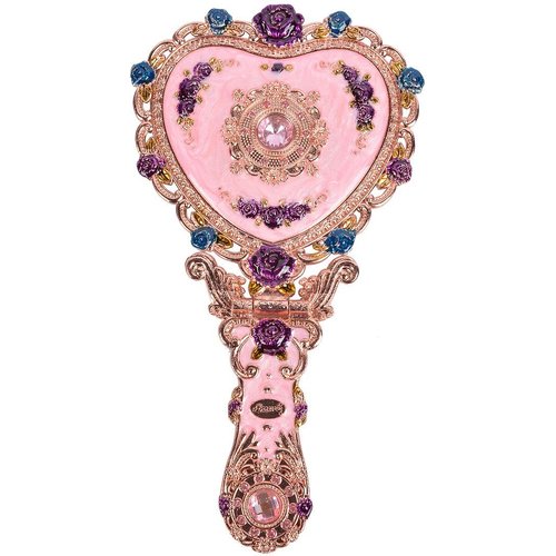 Nerien Antique Mirror Comb Set Vintage Metal Handheld Mirror Heart Shape Embossed Rose Hand Mirror with Comb Antique-Style Russian Style Mirror with Handle Travel Portable Foldable Makeup Mirror Pink