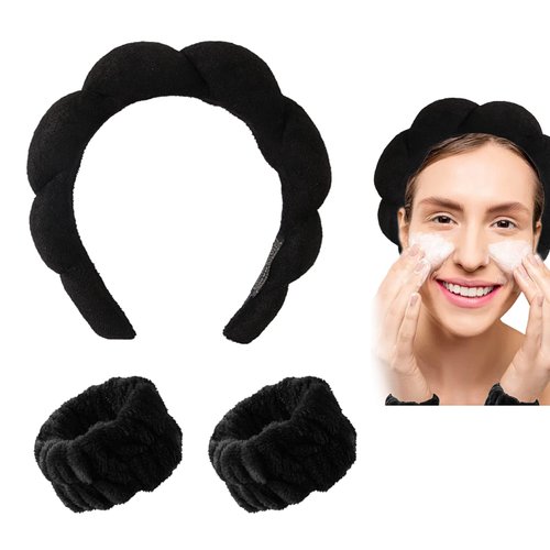 Spa Headband, Makeup Headband, Skincare Headband Face Washing Headband and Wristband, Headband for Washing Face, Terry Cloth Towel Head Band for Makeup Removal, Shower (Black)