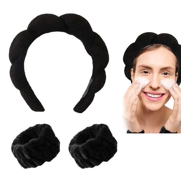 Spa Headband, Makeup Headband, Skincare Headband Face Washing Headband and Wristband, Headband for Washing Face, Terry Cloth Towel Head Band for Makeup Removal, Shower (Black)