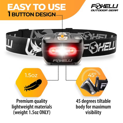 Foxelli LED Headlamp Flashlight for Adults & Kids, Running, Camping, Hiking Head Lamp with White & Red Light, Lightweight Waterproof Headlight with Comfortable Headband, 3 AAA Batteries Included