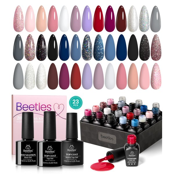 Beetles 23Pcs Gel Nail Polish Set with 3Pcs Base Matte and Glossy Top Coat,Nude Gray Pink Blue Burgundy Glitter Gel Polish Kit Modern Muse Collection, Soak off Uv Gel for Girls Women