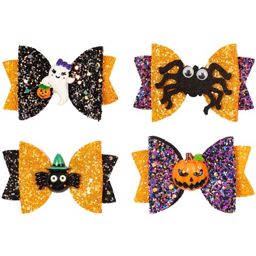 Whaline Glitter Halloween Hair Bow Pumpkin Spider Ghost Hair Barrette Trick or Treat Hairgrips Bow Hairpin Hair Clips for Girls Toddlers Teens Halloween Party Hair Accessories, 4 Pack