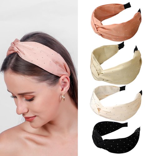 Marcoido 2.3-inch Silk Hotfix Rhinestone Knotted Headbands Set - 4 Assorted Colors, Suitable for Women and Girls(Color B)