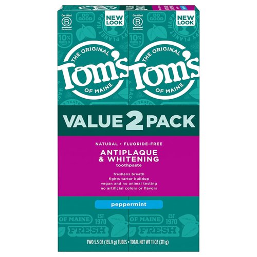 Tom's of Maine Fluoride-Free Antiplaque & Whitening Natural Toothpaste, Peppermint, 5.5 oz. 2-Pack