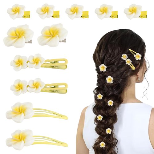 Kasmena 11Pcs Plumeria Flower Hair Clips for Women Girls, White Yellow Flower Hair Barrettes Alligator Hair Clips for Girls Duckbill Clips Hair Accessories for Bridal Wedding Party Beach