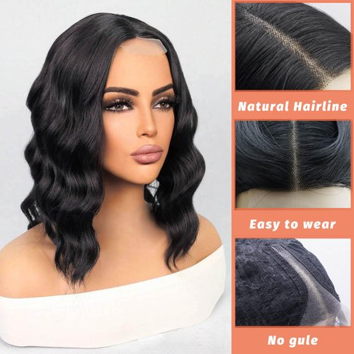 siswin Short Wavy Bob Wigs for Women Black Wig with Lace Synthetic Wigs for Black Women 14 Inch Middle Part Wig Black Curly Wigs for White Women Shoulder Length Wig for Daily (#1B Natural Black)