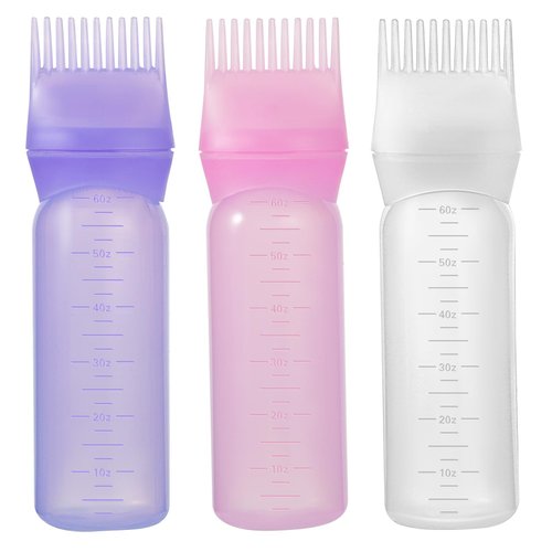 Pimoys Root Comb Applicator Bottle 6 Ounce Oil Applicator for Hair Dye, 3 Pack Hair Oiling Bottle Brush with Graduated Scale (Pink, Purple, White)