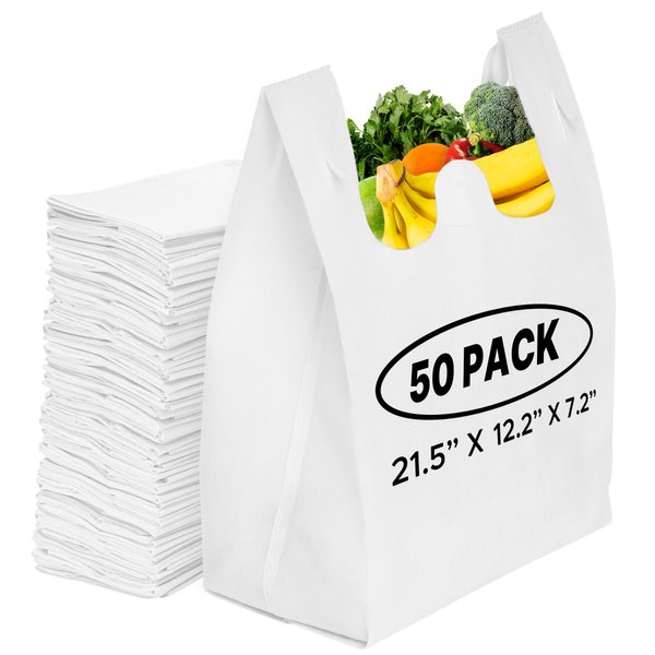 50 Pack Reusable Eco-Friendly Grocery T-Shirt Shopping Bags Durable, Environmentally Friendly Recyclable Washable Foldable Portable Shopping Tote Bags Bulk