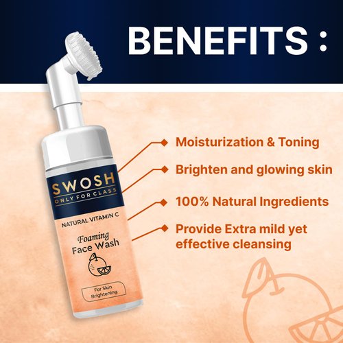 SWOSH Natural Vitamin C Foaming Face Wash For Pimple Prone & Oily Skin - No Parabens, Sulphate, Silicones & Colour (with Built-in Face Brush), 100 ml/ 3.38 fl oz