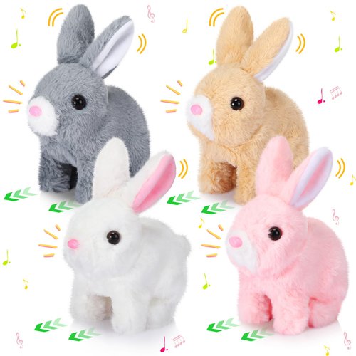 Halloscume 4 Pcs Christmas Interactive Electronic Plush Bunny Toy 7" Interactive Stuffed Animals Walking Barking and Wagging Tail Toys for Grandchildren Classroom Kid Birthday Gift(Long Hair Rabbit)
