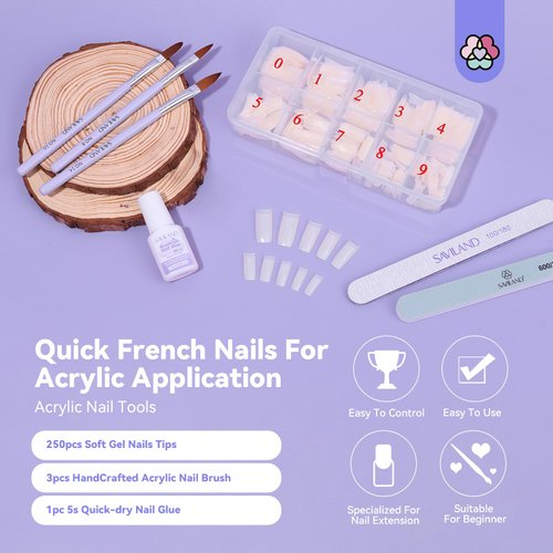 SAVILAND Acrylic Nail Tips with Glue: Half Cover False Nail Tips 10 Sizes for Acrylic Nails Professional French Tips and Acrylic Nail Brush 8/10/14 Fast-Dry Nail Glue & Acrylic Nail Stater Kit Natural