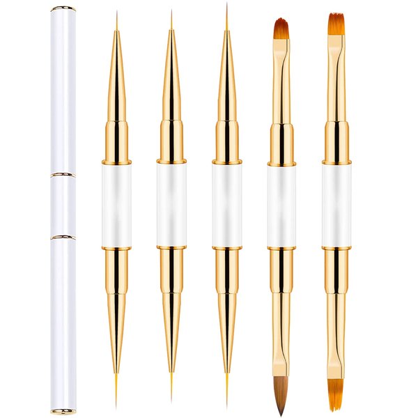 JERCLITY 5pcs Double-Ended Metal Nail Art Brushes Set Nail Art Liner Brush for Nails Nail Polish Brush Gel Builder Brush Nail Art Tools Nail Clean Up Brush Nail Design Brushes for Nail Art(White)