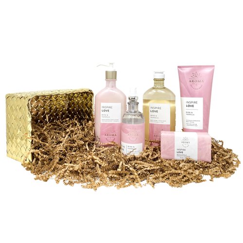 Generic Bath and Body Work Aroma Inspire Love ROSE & VANILLA Gold Woven Basket Deluxe Gift Set - Body Cream - Body Lotion - Body Wash + Foam Bath - Essential Oil Mist and Cleansing Bar - Full Size