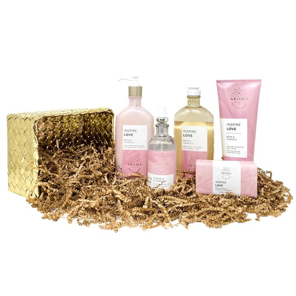 Generic Bath and Body Work Aroma Inspire Love ROSE & VANILLA Gold Woven Basket Deluxe Gift Set - Body Cream - Body Lotion - Body Wash + Foam Bath - Essential Oil Mist and Cleansing Bar - Full Size