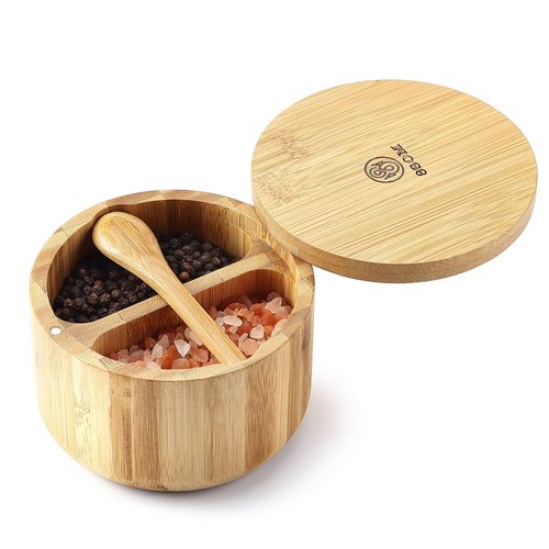 8SOM Bamboo Salt and Pepper Box with Swivel Lid and Embedded Spoon, Magnetic Closure Lid to keep the dust out, Salt Cellar Bowl Container to Storage Pepper Spice Herb Sea Salt, Dual 5 Oz Capacity