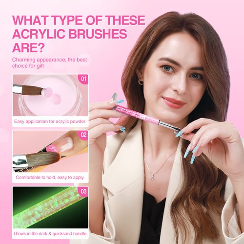 Saviland Kolinsky Acrylic Nail Brush Set: Size 6/8/12/14 Professional Acrylic Nail Brushes for Acrylic Application, Glows in The Dark Acrylic Powder Brushes for Nail Art Extension 3D Carving Home DIY