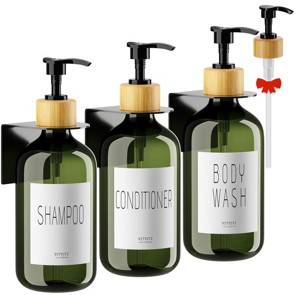 VITVITI Shampoo and Conditioner Dispenser, Body Wash Shower Soap Dispenser Wall Mounted 3 Chamber, Drill Free 17oz Plastic Shower Bottles for Bathroom, Dark Green 3 Sets