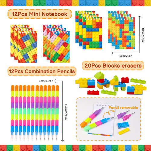 Bluegogo 96 Pcs Building Block Birthday Party Favors for Kids Include Mini Notebook Pens Straws Keychains Erasers Wristbands Stickers Bags for Building Blocks Birthday Party Supplies