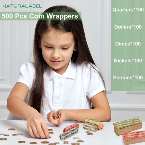 NATURALABEL 500 Assorted Flat Coin Wrappers, 100 Each of Quarters, Dollars, Dimes, Nickels, Pennies, Coin Striped Kraft Packing